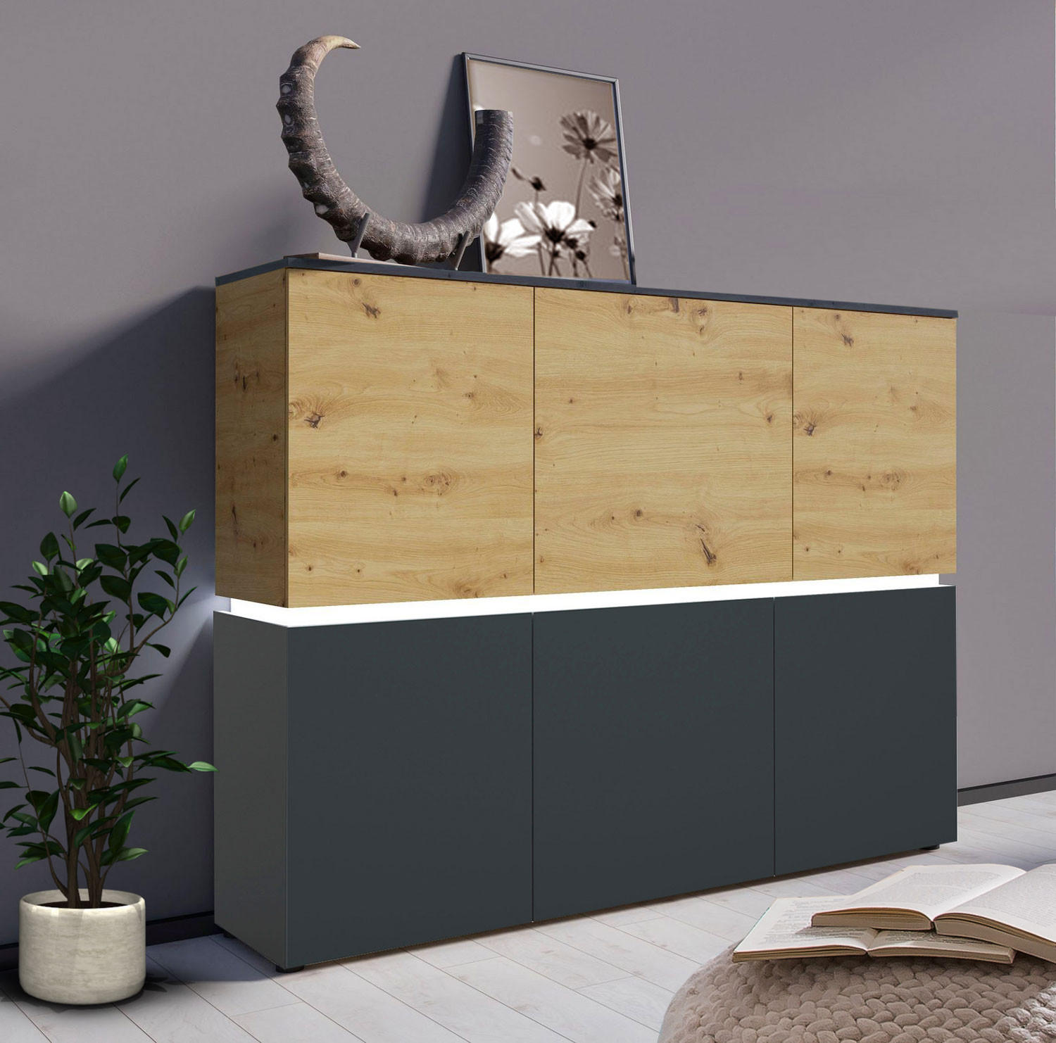 HIGHBOARD Luci Eiche Artisan / grau 165,5 / 40 / 131,5cm - Eichefarben/Multicolor, Holzwerkstoff (165.5/13.5/40cm) - Feldmann-Wohnen