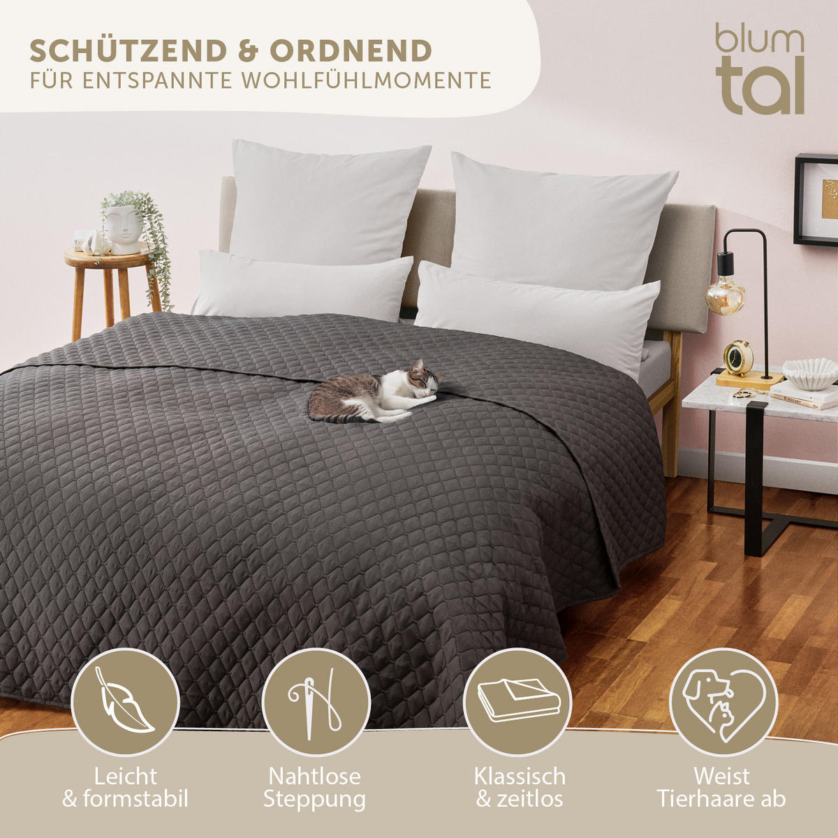 TAGESDECKE 220x240 cm, waschbarer Sofa- & Couchüberwurf, Dunkelgrau - Dunkelgrau, Textil (220/240cm) - Blumtal