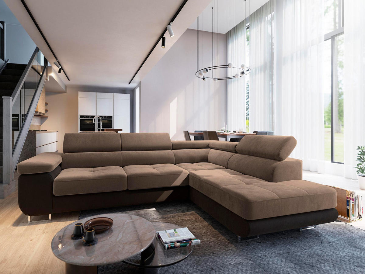 ECKSOFA SELVA R-S Beige Velours-Stoff mit Schlaffunktion - Beige, Holz (275/202cm) - MASSENO
