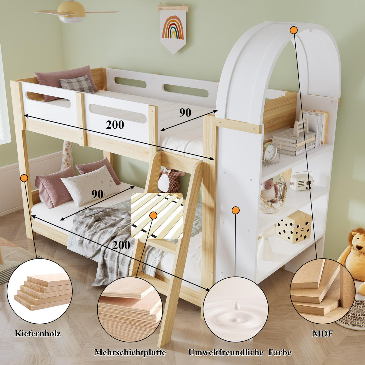 HAUSBETT 90/200 cm in Weiß/Natur mit Regal und Trittleiter - Naturfarben, Holzwerkstoff (90/200cm) - BEAOK