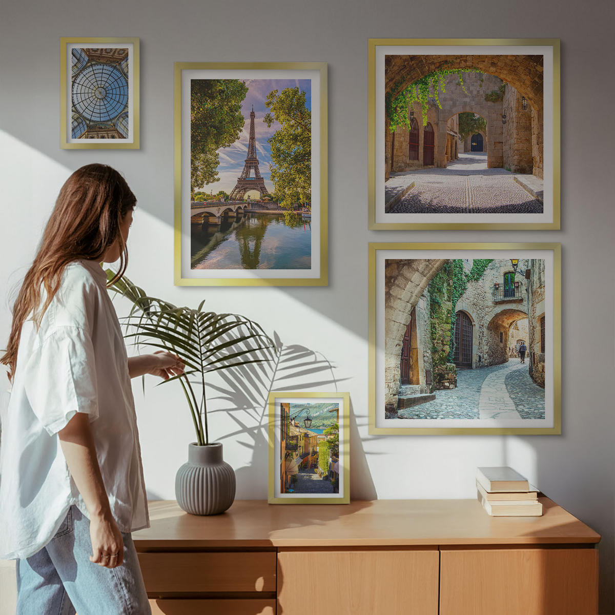 WANDBILDER 5er Set - 50x50 cm & 20x30 cm & 40x60 cm Goldrahmen - Grüne, saftige Blätter - Goldfarben, Kunststoff (40/60cm) - ArtPrintCave