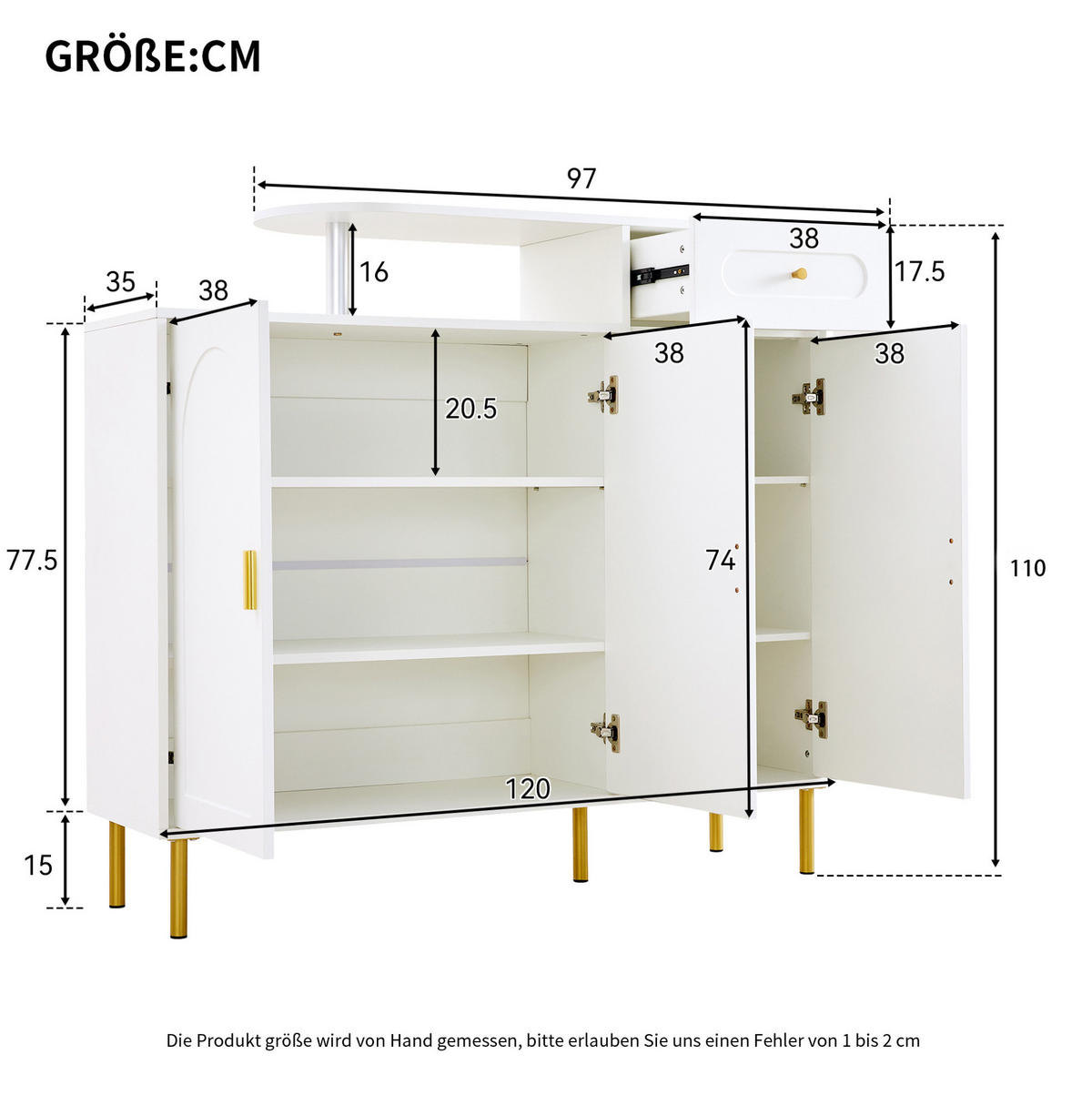 SIDEBOARD 120/35/92 cm Weiß aus Spanplatte mit 3 Türen und Schublade - Weiß, Holzwerkstoff (120/92/35cm) - OKWISH