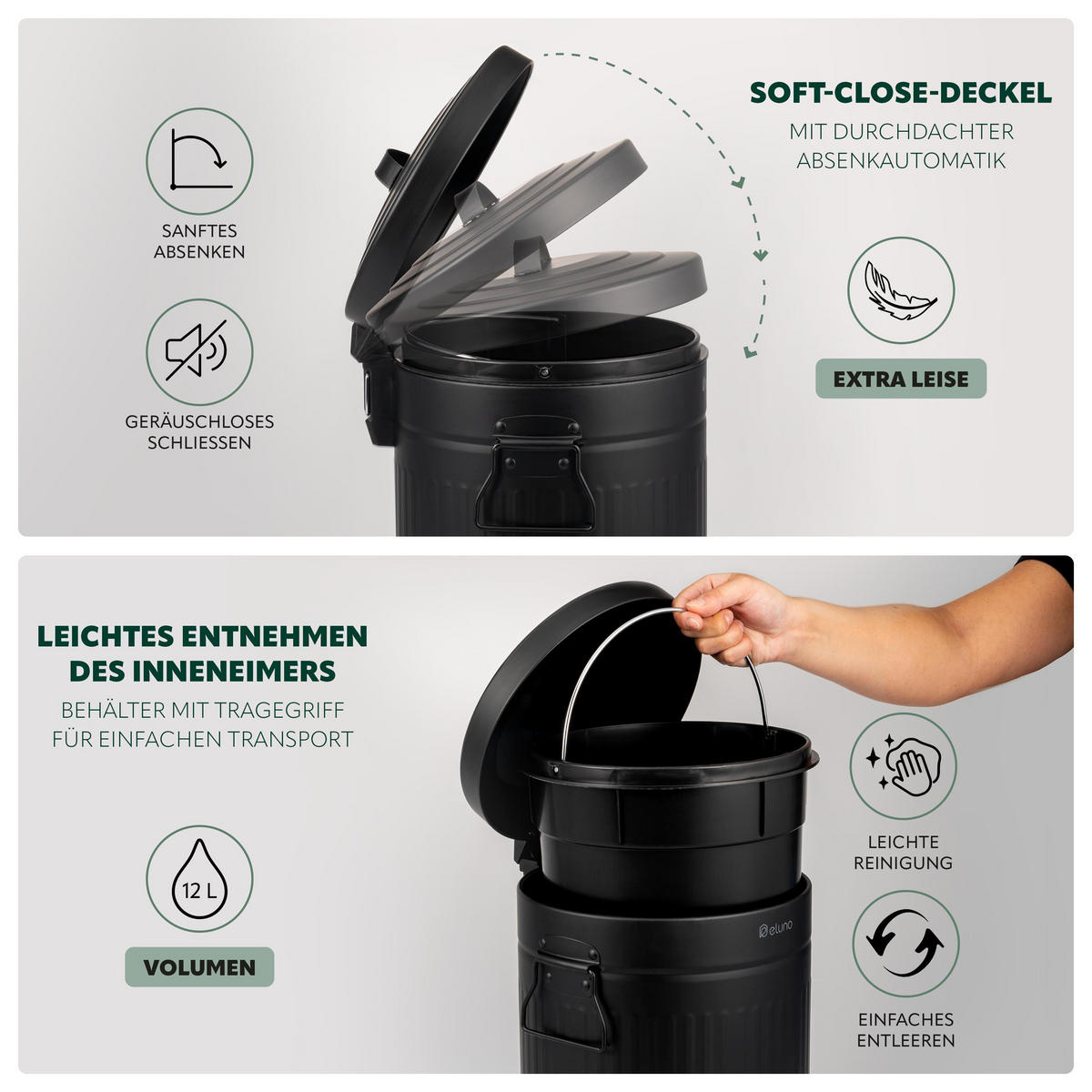 ABFALLEIMER Treteimer VINTAGE, 12 Liter, aus Metall, schwarz - Schwarz, Metall (25.5/42.5/25.5cm) - eluno