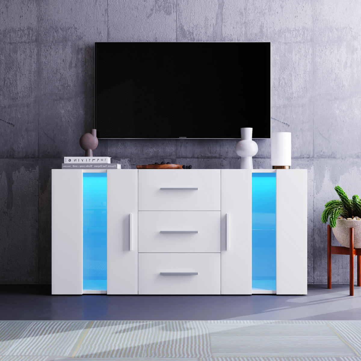 KOMODA z MDF 140x35x70 cm bílá s LED osvětlením, USB napájením a úložným prostorem - bílá, kompozitní dřevo (140/70/35cm) - Modfu