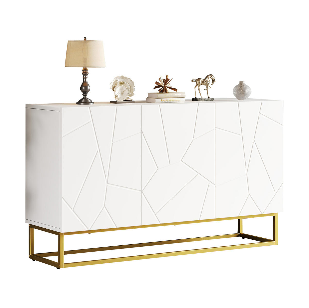 SIDEBOARD 130/38/76 cm mit 3 Türen, verstellbaren Einlegeböden und Hochglanzfront, Weiß/Gold - Weiß, Holzwerkstoff (130/76/35cm) - Redom