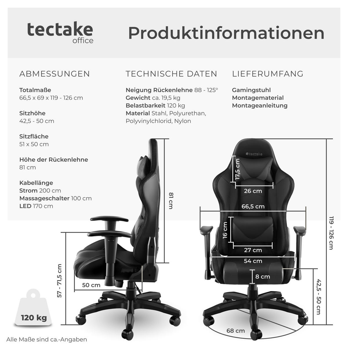 GAMINGSTUHL Tartaros,dicke Polsterung, Belastbarkeit 120 kg,schwarz/schwarz - Schwarz, Textil (66.5/126/69cm) - tectake