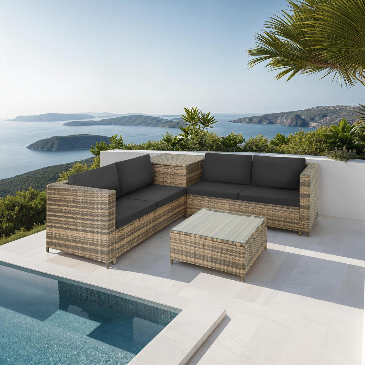 RATTANLOUNGE Siena,mit Sicherheitsglasplatte,natur/dunkelgrau - Naturfarben, Kunststoff - tectake