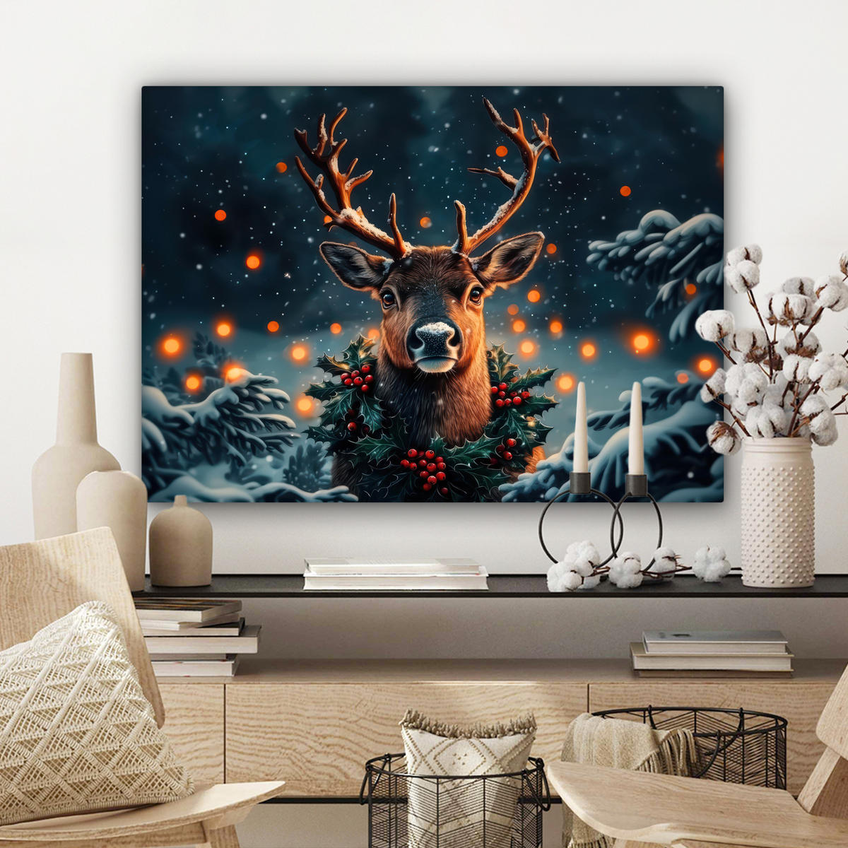 LEINWANDBILD Hirsch - Weihnachten - Winter - Schnee - Weihnachtskranz Wandbilder 80x60 cm - Dunkelbraun, Textil (80/60cm) - MuchoWow