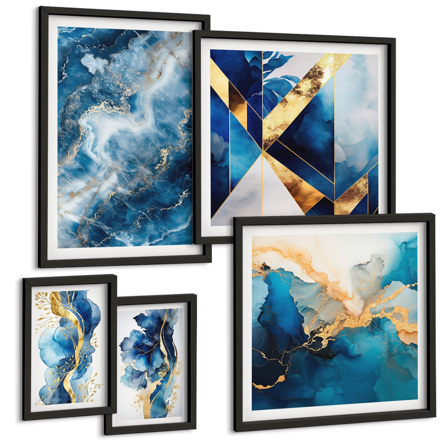 BILDER SET 5er Set - 50x50 cm & 20x30 cm & 40x60 cm Schwarzer Rahmen - Blaue abstrakte Muster - Schwarz, Kunststoff (40/60cm) - TULUP