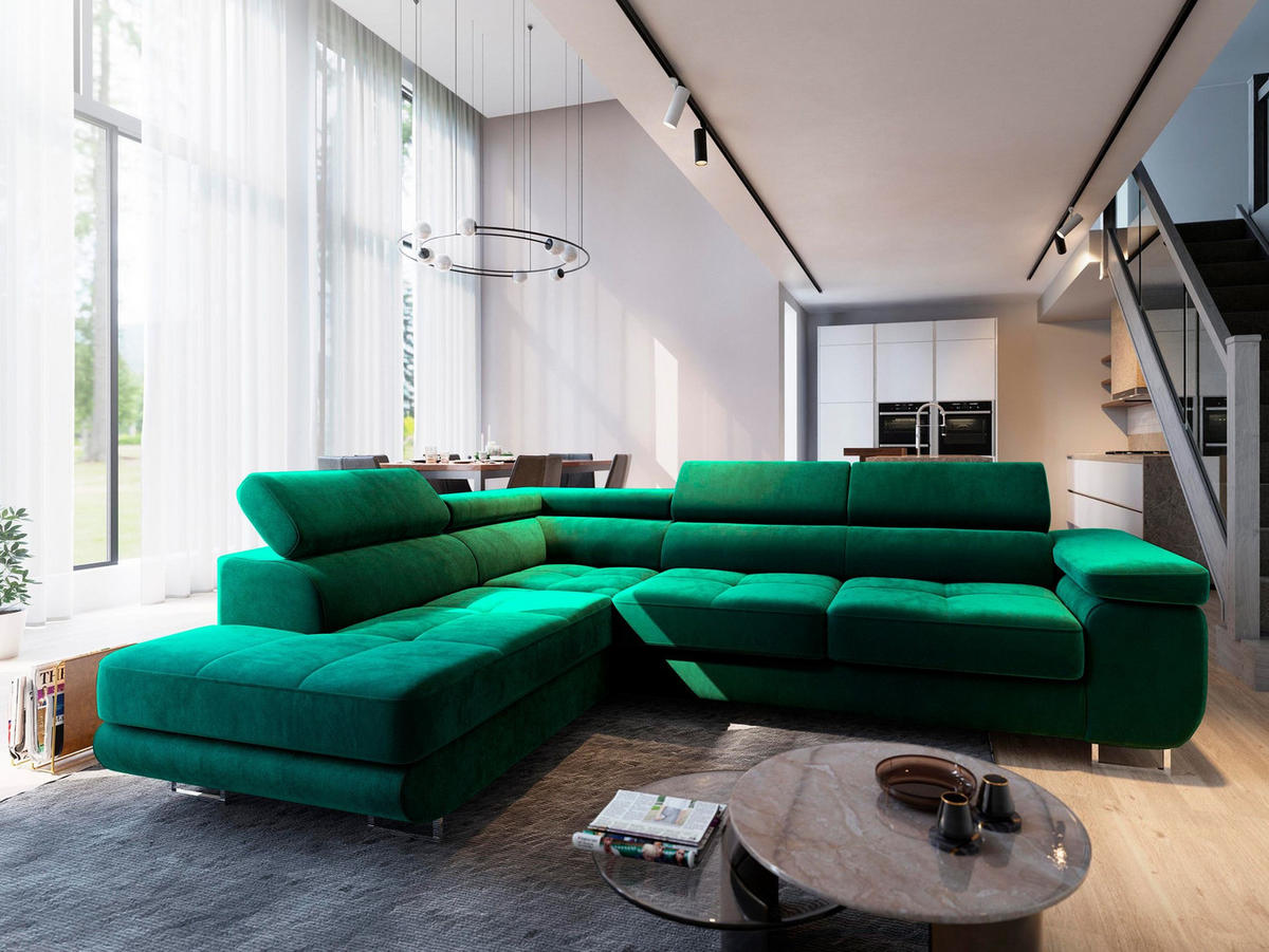 ECKSOFA SELVA L-S Grün Velours-Stoff mit Schlaffunktion - Grün, Holz (275/202cm) - MASSENO