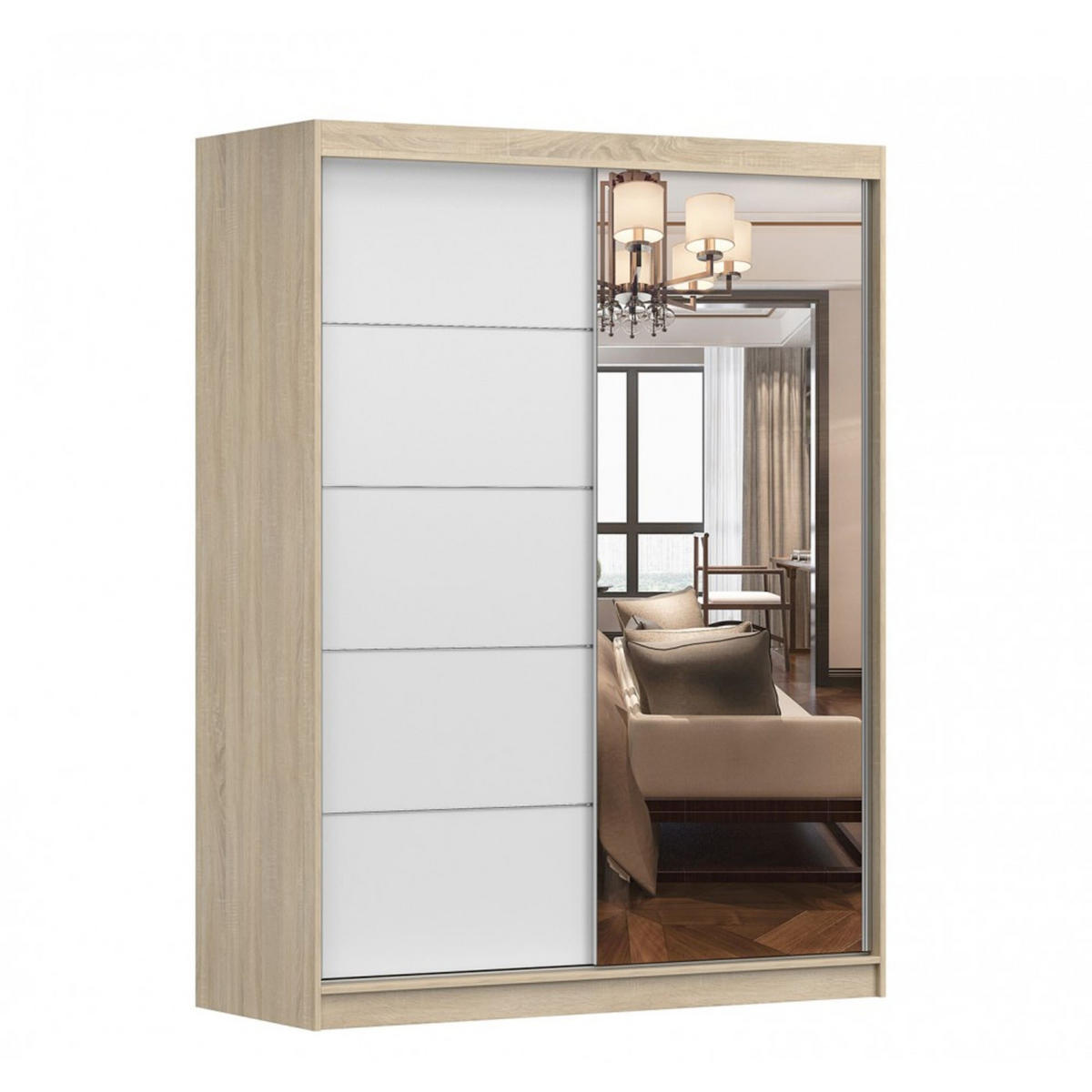 SCHIEBETÜRENSCHRANK - Beni 05 Classic (Sonoma + Weiß) - Weiß/Sonoma Eiche, Holzwerkstoff/Metall (150/200/61cm) - Möblo