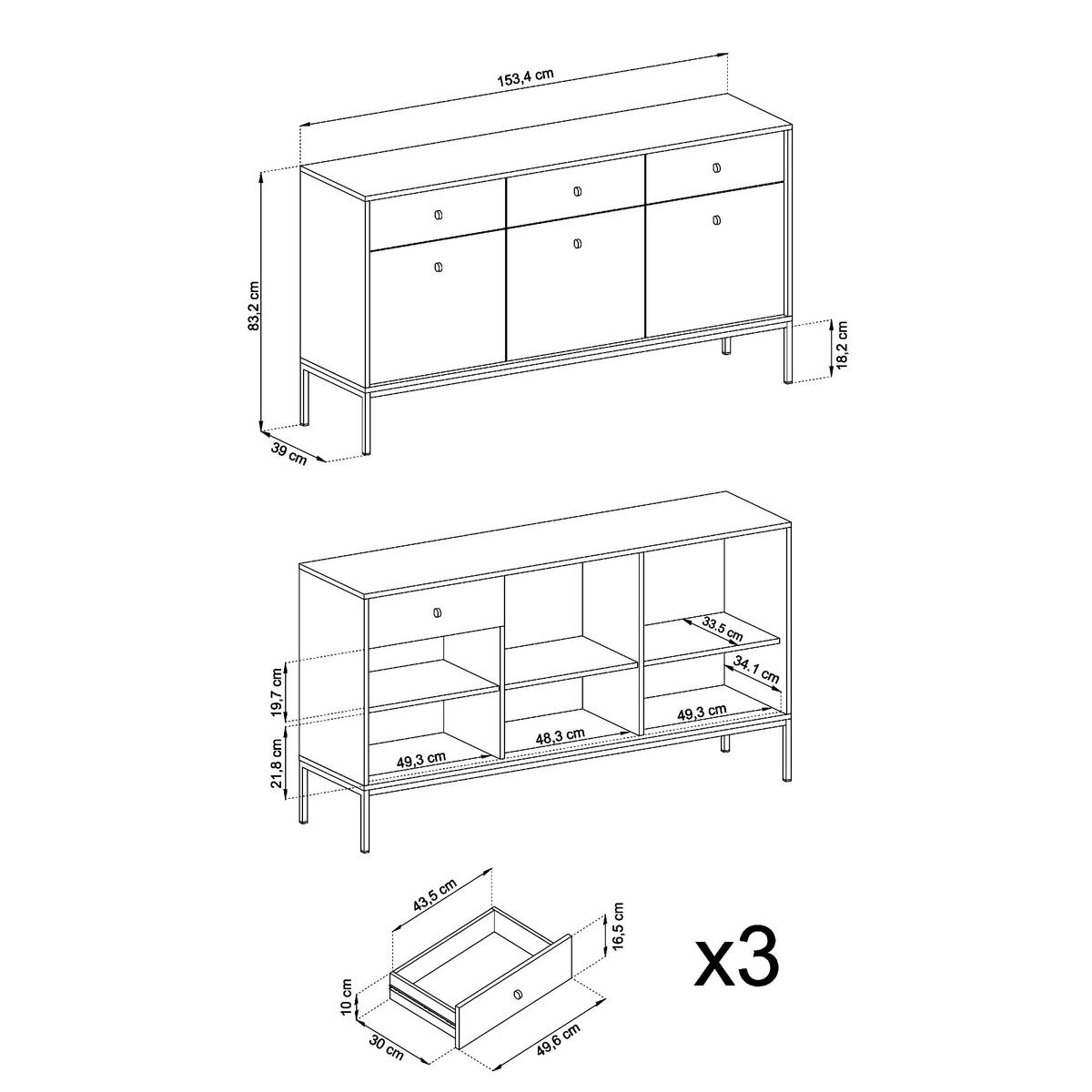 SIDEBOARD MONCTON KOM3-3D3S Metalgriffe, Dunkelblau - Dunkelblau, Holzwerkstoff/Kunststoff (154/83/39cm) - Komodee