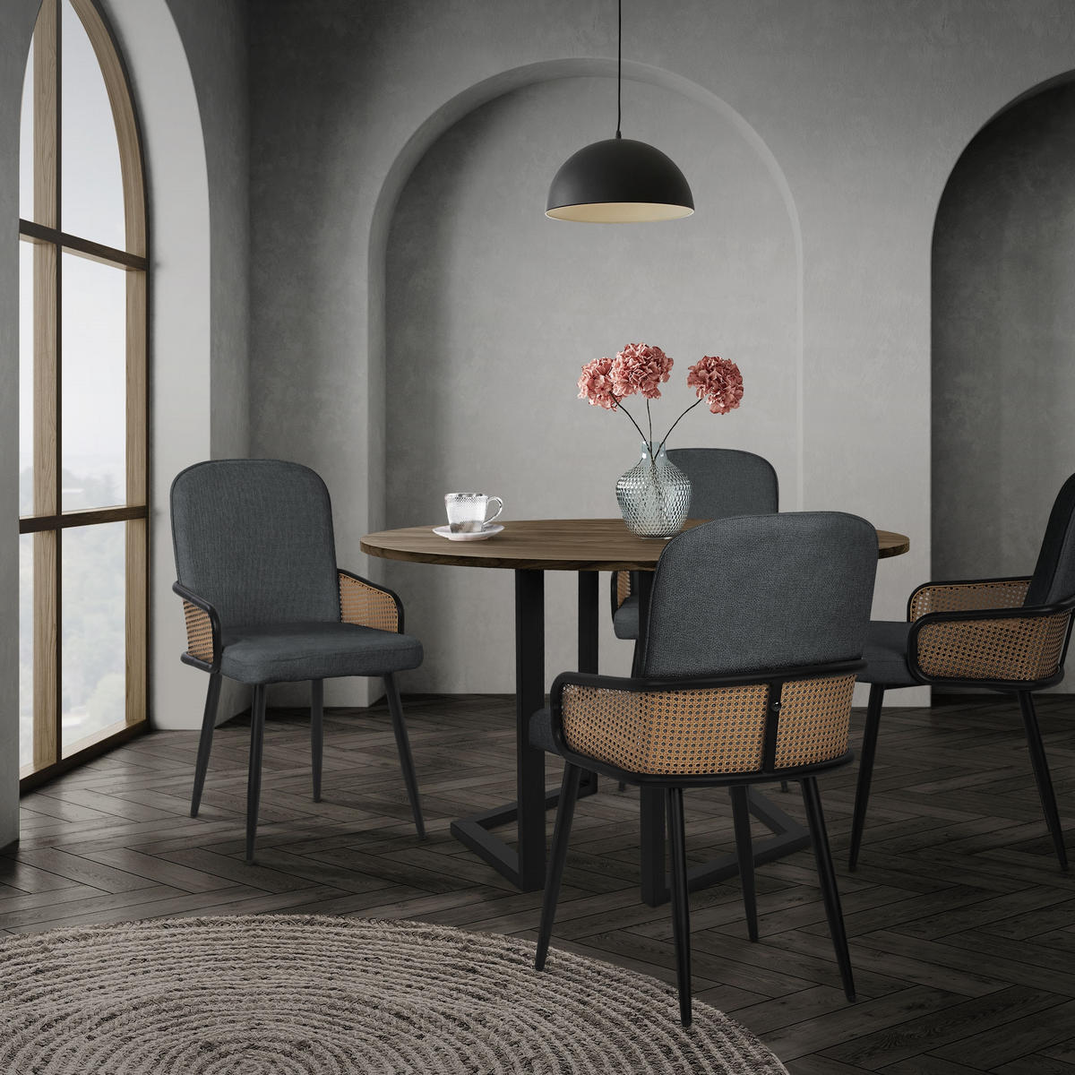 ESSZIMMERSTÜHLE 6er Set Anthrazit mit Stoffbezug Rattan Optik - Anthrazit/Schwarz, Naturmaterialien/Textil (51/91/61cm) - ML-DESIGN