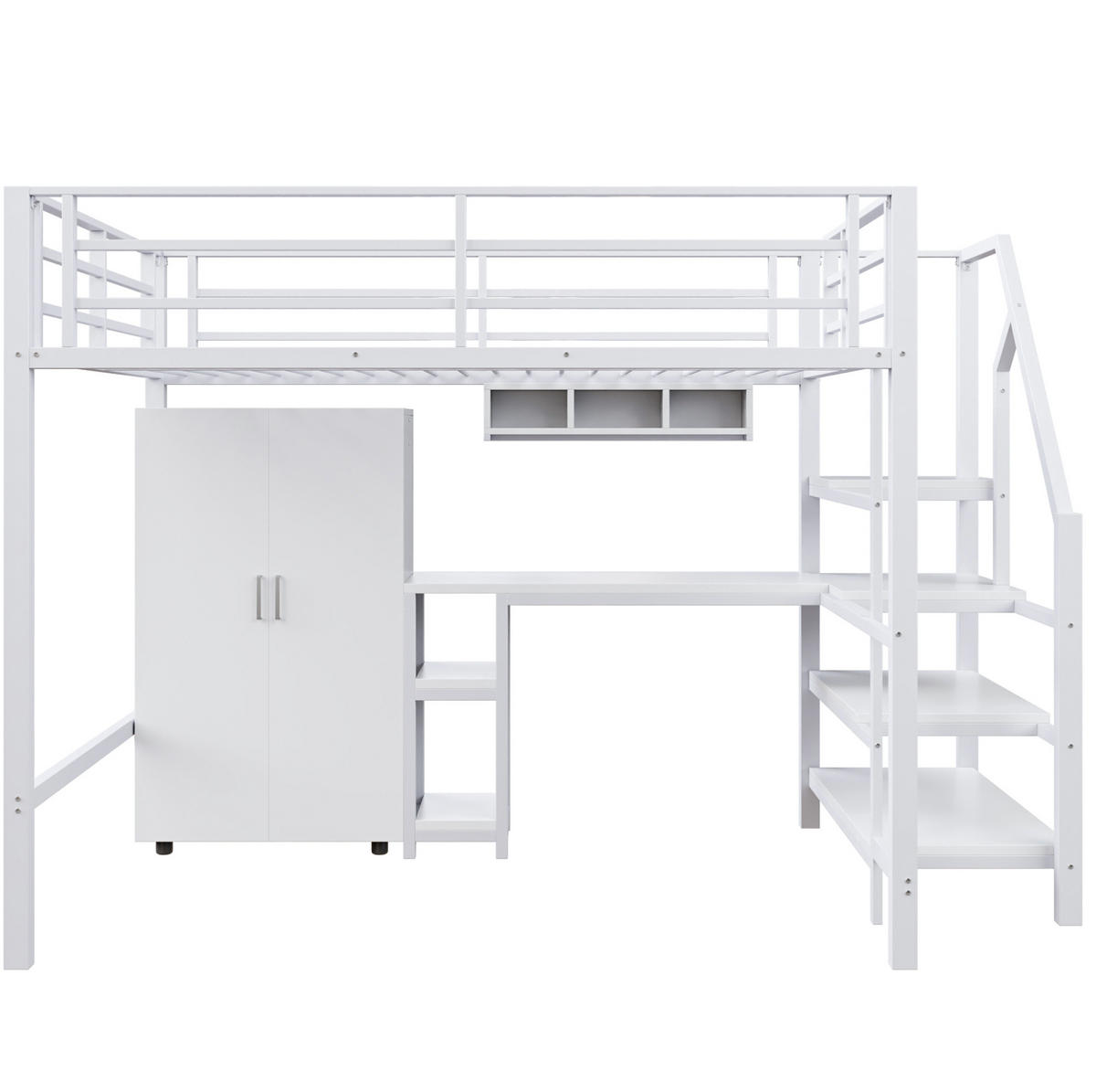 HOCHBETT 140/200 cm in Weiß mit Schreibtisch, Kleiderschrank und Regalen - Weiß, Metall (140/200cm) - Flora Grace