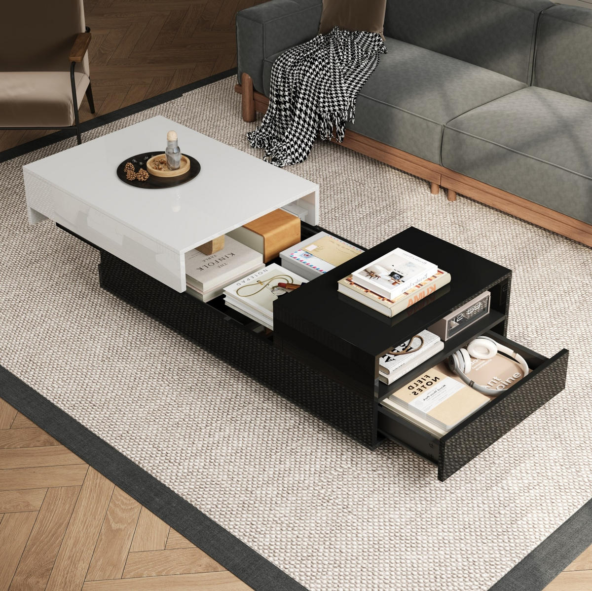 COUCHTISCH 100/50/38 cm in Weiß/Schwarz mit 2 Schubladen und Hochglanz - Weiß, Holzwerkstoff (100/50/38cm) - Flora Grace