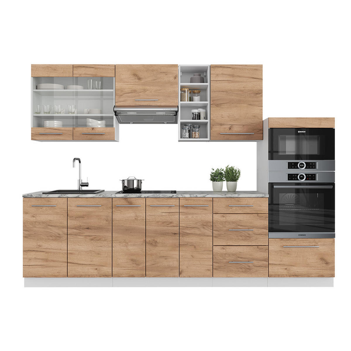 KÜCHENZEILE Fame-Line Goldkraft Eiche/Weiß 280 cm, AP Eiche - Eiche Wotan/Weiß, Holzwerkstoff (280/81.6/60cm) - Vicco