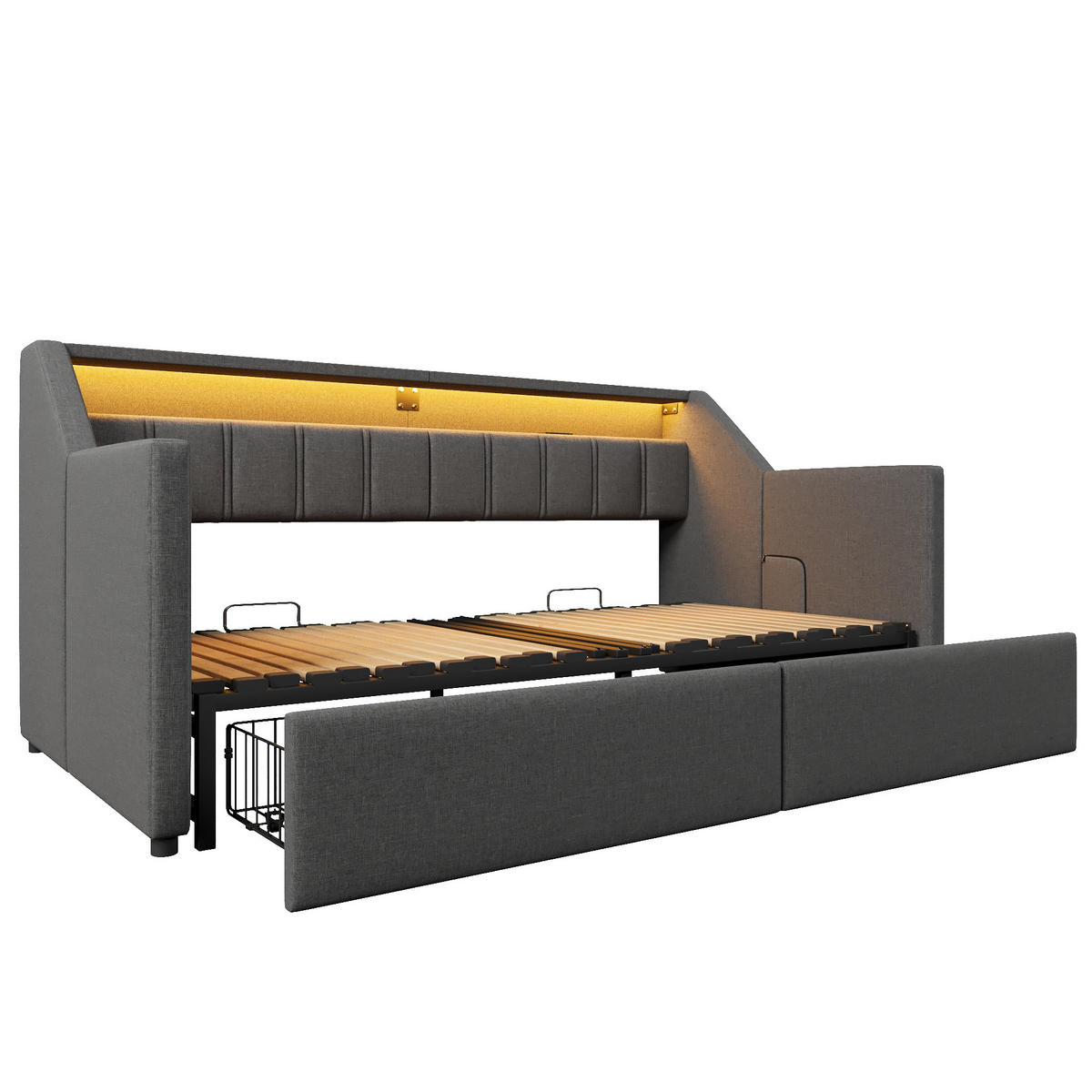 TAGEBETT 90x200cm Grau USB-C LED-Leiste 2 Schubladen Ausziehbett - Grau, Holz (90/200cm) - FLIEKS