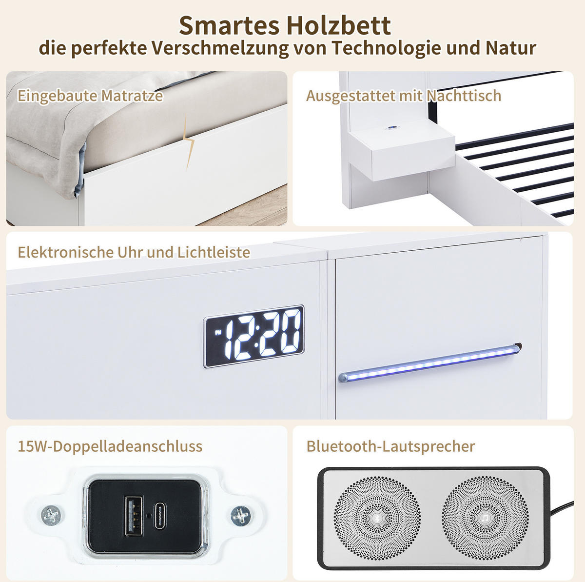 POLSTERBETT 160/200 cm Weiß aus MDF mit Bluetooth-Lautsprechern und USB-Anschluss - Weiß, Holzwerkstoff (160/200cm) - OKMYHOME