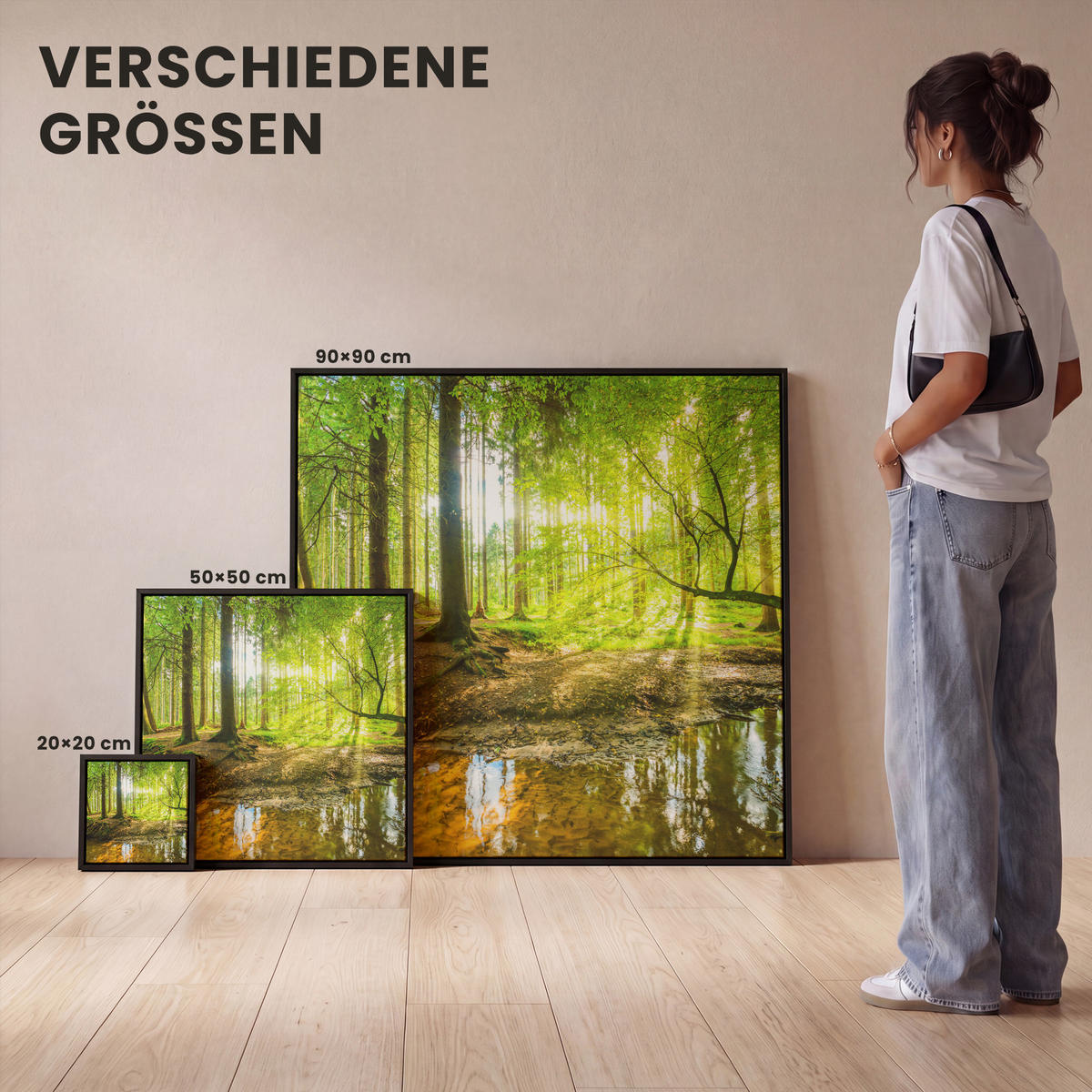 LEINWAND Bilder mit Rahmen - Wald - Landschaft - Wasser - Bäume - Sonne - Grün - Natur - 50x50 - Grün, Textil (50/50cm) - MuchoWow