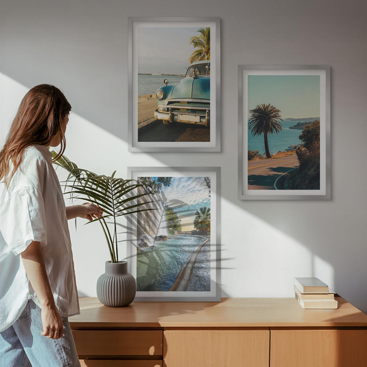 WANDBILDER 3er Set - 40x60 cm Silberner Rahmen - Urlaub Palmen Wasserfall - Silberfarben, Kunststoff (40/60cm) - ArtPrintCave