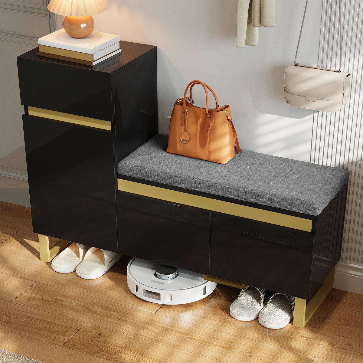 SCHUHSCHRANK in Schwarz Schuhkommode mit großem Fassungsvermögen, mehrstöckigem Stauraum und Schubladen , B120/T35/H85cm - Goldfarben/Schwarz, Holzwerkstoff/Metall (120/80/35cm) - STILVORA
