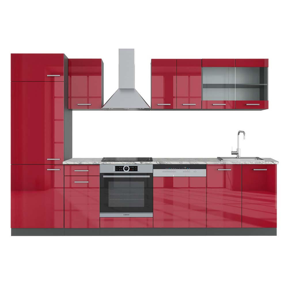 KÜCHENZEILE R-Line Rot Hochglanz/Anthrazit 300 cm , AP Marmor - Anthrazit/Rot, Holzwerkstoff (300/81.6/60cm) - Vicco