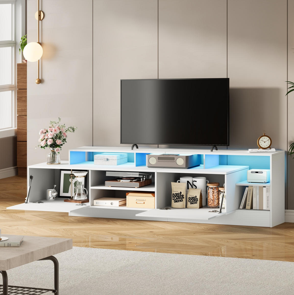 TV-LOWBOARD 190/40/48,5 cm mit LED-Beleuchtung, Hochglanzfront und Stauraum aus Spanplatte, Weiß - Weiß, Holzwerkstoff (190/48.5/40cm) - Redom