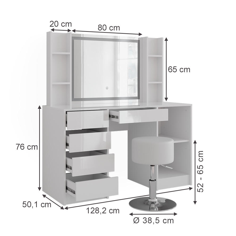 SCHMINKTISCH Sherry Weiß/Weiß Hochglanz 128.2 cm 5 Teile - Weiß Hochglanz, Holzwerkstoff (128.2/76/50.1cm) - Vicco