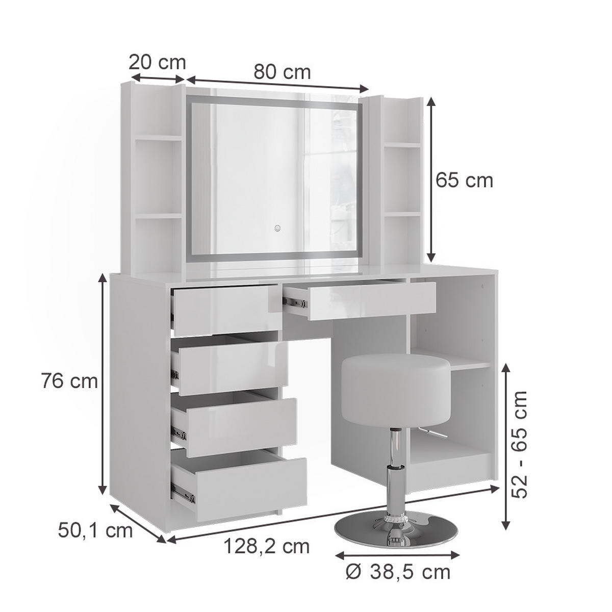 SCHMINKTISCH Sherry Weiß/Weiß Hochglanz 128.2 cm 5 Teile - Weiß Hochglanz, Holzwerkstoff (128.2/76/50.1cm) - Vicco
