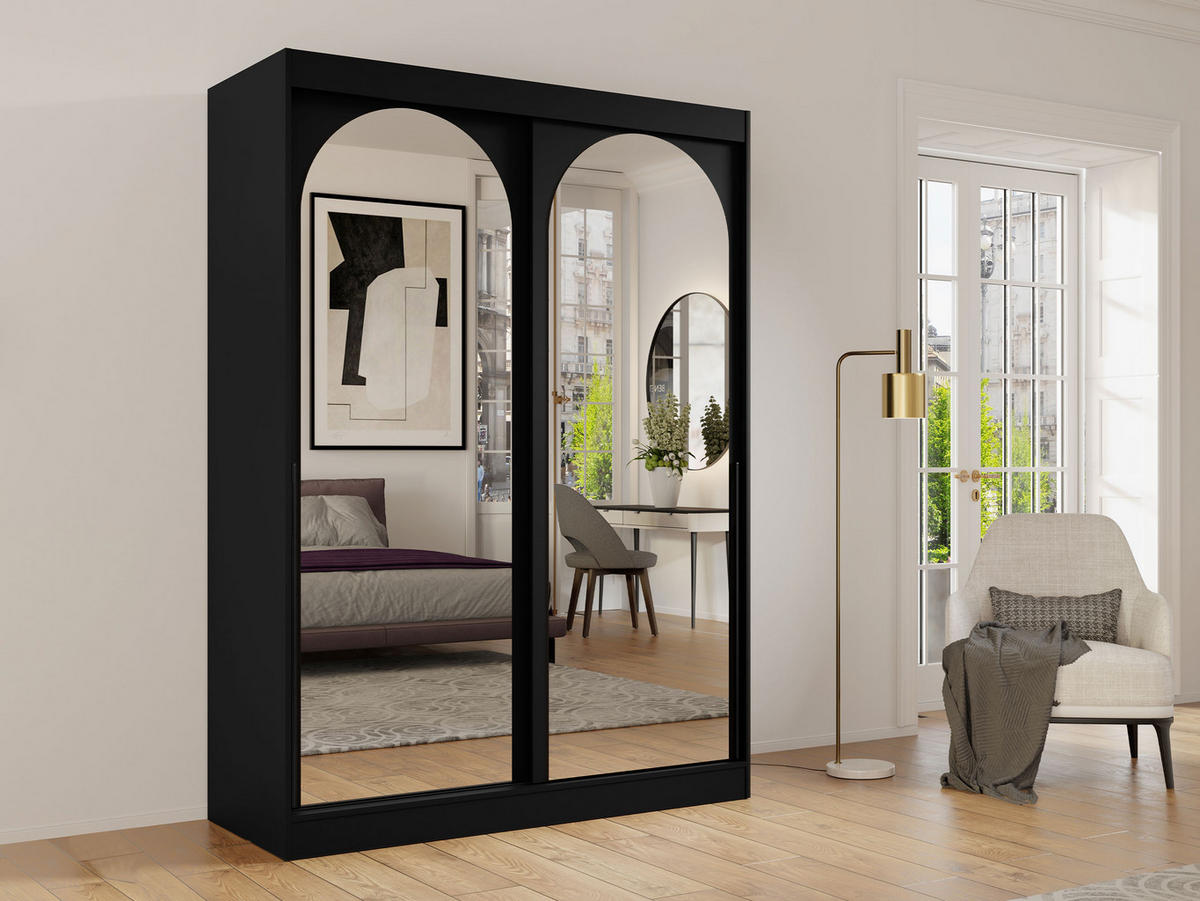 SCHIEBETÜRENSCHRANK Modin 150 - Schwarz, Holzwerkstoff/Kunststoff (150/216/65cm) - MIRJAN24