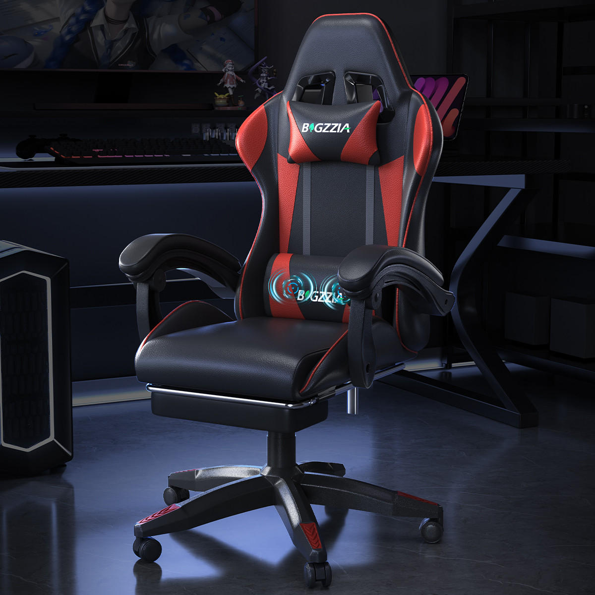 GAMINGSTUHL Schwarz-Rot,mit Massage,Fußstütze, Ergonomisch, Verstellbar - Rot, Metall (26/59/77cm) - Rattrix