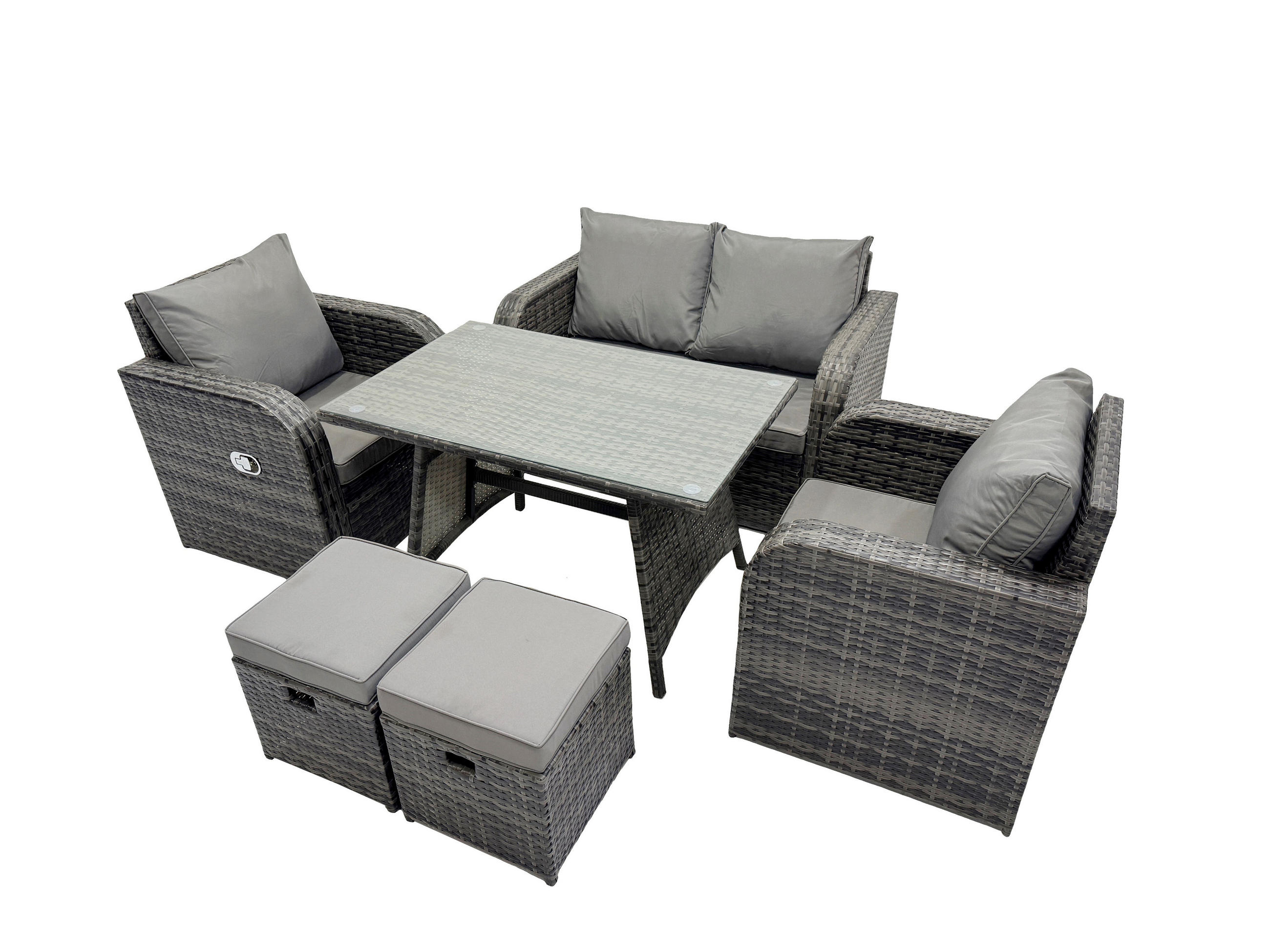 LOUNGESOFA SET mit Hocker Polyrattan 5-Sitzer - Dunkelgrau/Grau, Glas/Kunststoff - Fimous