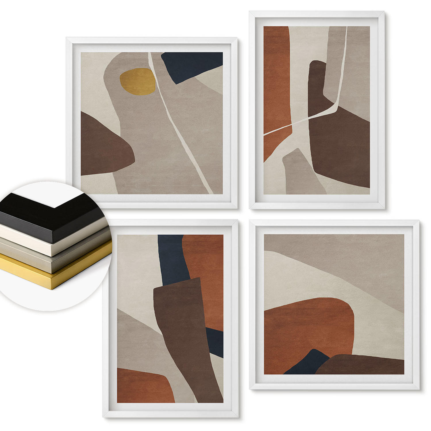WANDBILDER 4er-Set - 50x50 cm & 40x60 cm Weißer Rahmen - Abstrakte moderne Formen - Weiß, Kunststoff (50/50cm) - ArtPrintCave