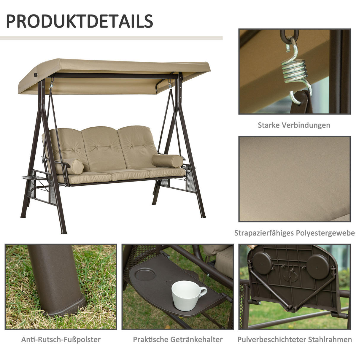 HOLLYWOODSCHAUKEL, mit Sonnendach Kissen, Metall, Khaki, 116 x 206 x 183 cm - Braun, Metall (206/183/116cm) - Outsunny
