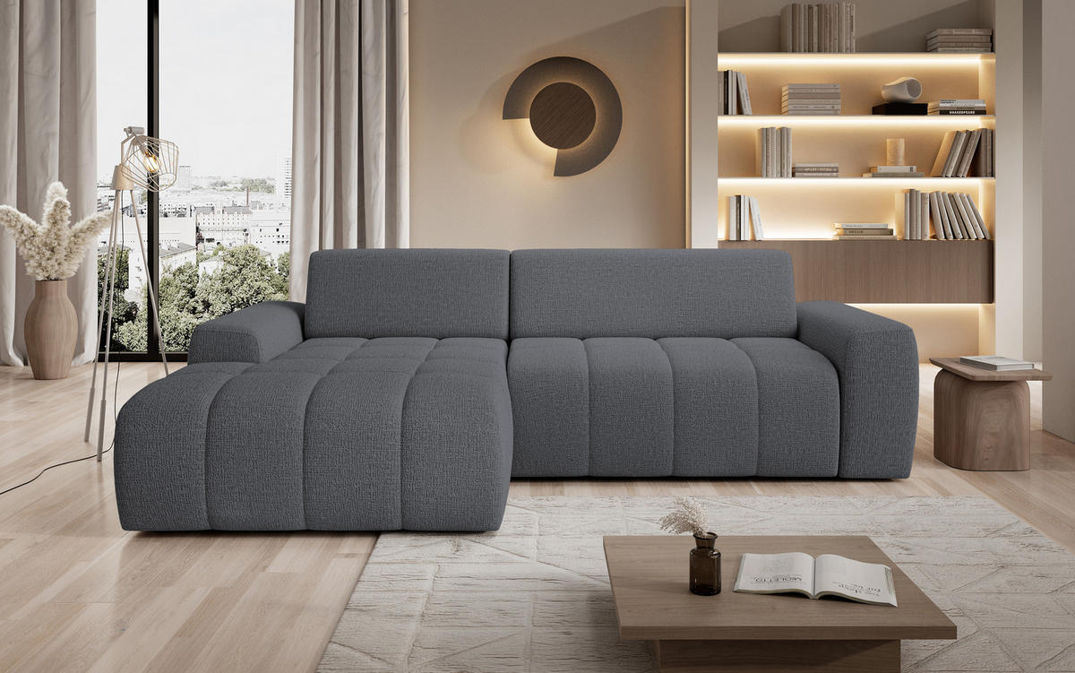 ECKSOFA Savio Freistehend, Mit Abriebfestem Kansas-Stoff, Maße 265x172x81cm, Ausziehbare Sitzfläche 206x92cm, Linke, Grau - Grau, Holz/Textil (172/265cm) - DomoHome