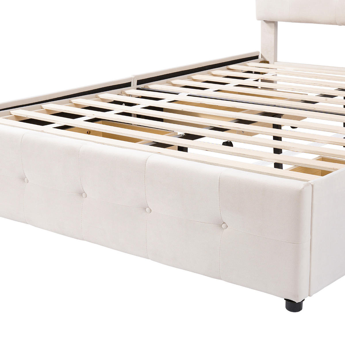 POLSTERBETT aus Samtstoff 140x200 cm Beige mit 4 Schubladen, Lattenrost und gepolstertem Kopfteil - Beige, Textil (140/200cm) - Modfu