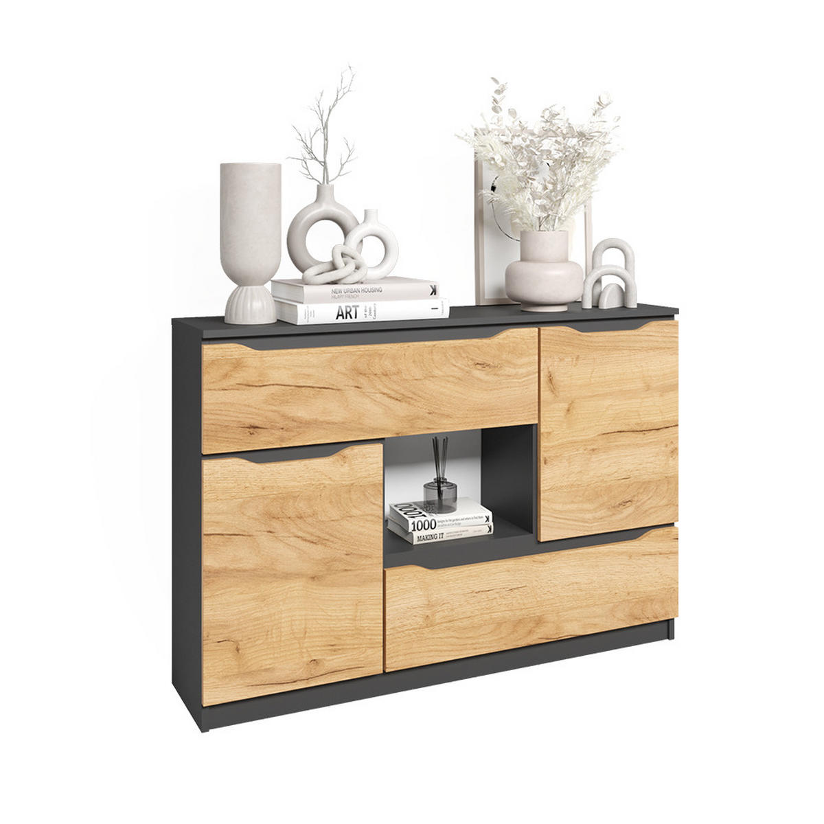 KOMMODE Ruben Goldkraft Eiche 120 x 84 cm mit Schubladen - Anthrazit/Eiche Wotan, Holzwerkstoff (120/84/30cm) - Vicco