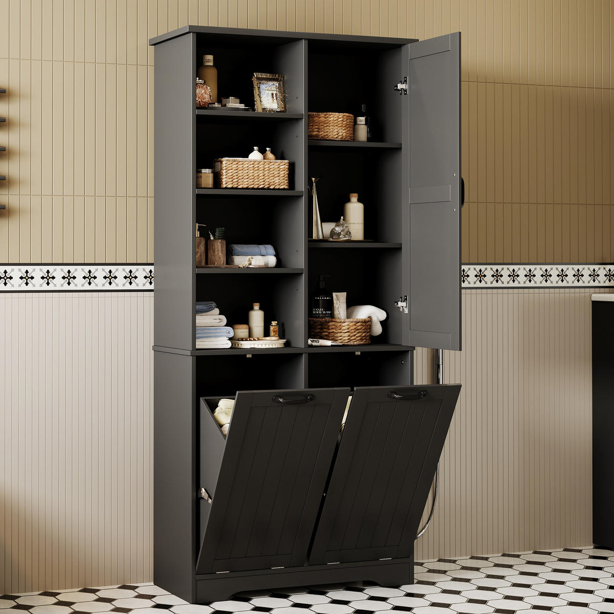 HOCHSCHRANK 78/35/172.7 cm Schwarz mit doppelter Wäschekorb und 4 offene Fächer - Schwarz, Holz/Holzwerkstoff (35/172.7/78cm) - Oxeza