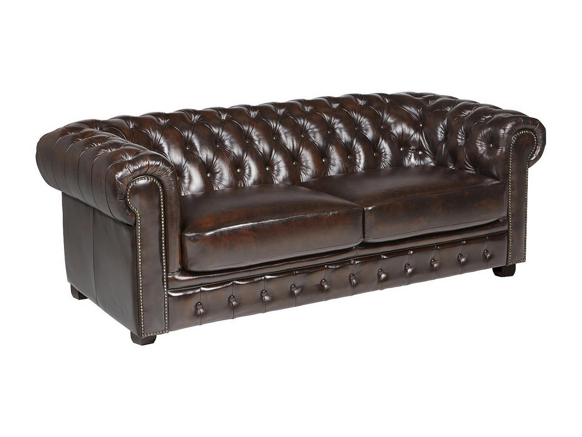 CHESTERFIELD Ledersofa 3-Sitzer - 100% Büffelleder - Braun - BRENTON - Dunkelbraun, Leder (201/73/96cm) - Vente-Unique