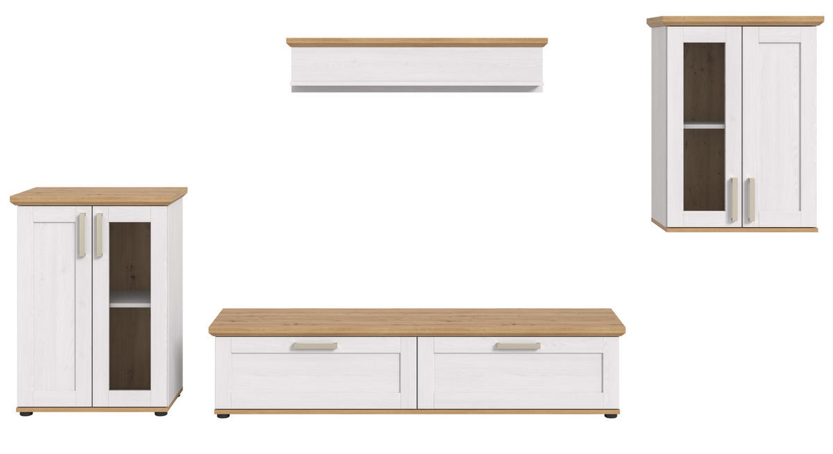 WOHNWAND 4-teilig weiß Lärche, Eiche Artisan 316 cm Landhaus, Schrankwand mit viel Stauraum - Silberfarben/Schwarz, Holzwerkstoff/Kunststoff (316/171/40cm) - Inn.Furn