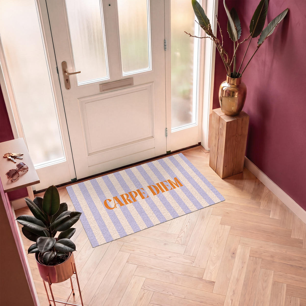 FUSSMATTE Lila – Orange – Streifen – Carpe Diem 120x80 cm - Flieder, Kunststoff (120/0.4cm) - MuchoWow