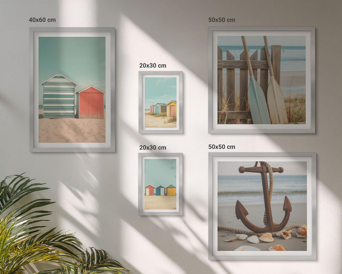 WANDBILDER 5er Set - 50x50 cm & 20x30 cm & 40x60 cm Silberner Rahmen - Bunte Häuser, Strand, Sonne - Silberfarben, Kunststoff (40/60cm) - ArtPrintCave