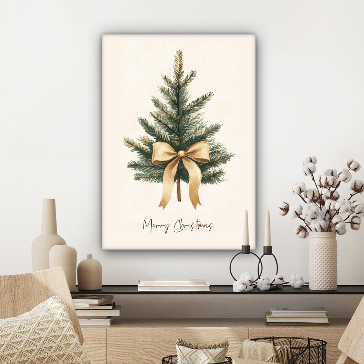 LEINWANDBILD Weihnachtsbaum - Weihnachten - Frohe Weihnachten - Beige Wandbild Wohnzimmer 60x80 cm - Sandfarben, Textil (60/80cm) - MuchoWow