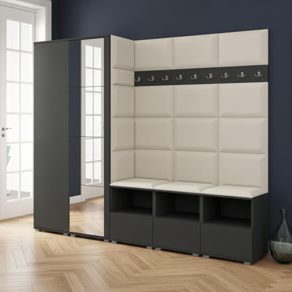 GARDEROBE NELA VII 250 cm (Modulare Flurmöbel XL Graphit mit Spiegel & Sitzpolster Creme 01 Universell) - Silberfarben/Creme, Holz/Holzwerkstoff (250/187/40cm) - Ravio