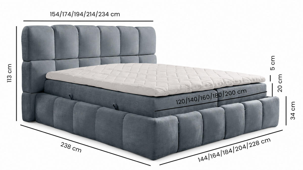 BOXSPRINGBETT AURA mit Topper und Bettkasten, Steingrau, H3 Bonell, 200x200 cm - Schieferfarben, Textil (200/200cm) - Labett