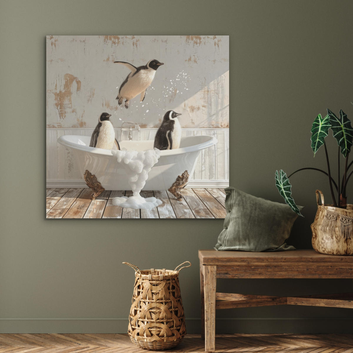 AKUSTIKPANEEL Vintage - Pinguin - Badewanne - Schaumstoff 90x90 cm - Schwarz, Textil (90/0.9/90cm) - MuchoWow