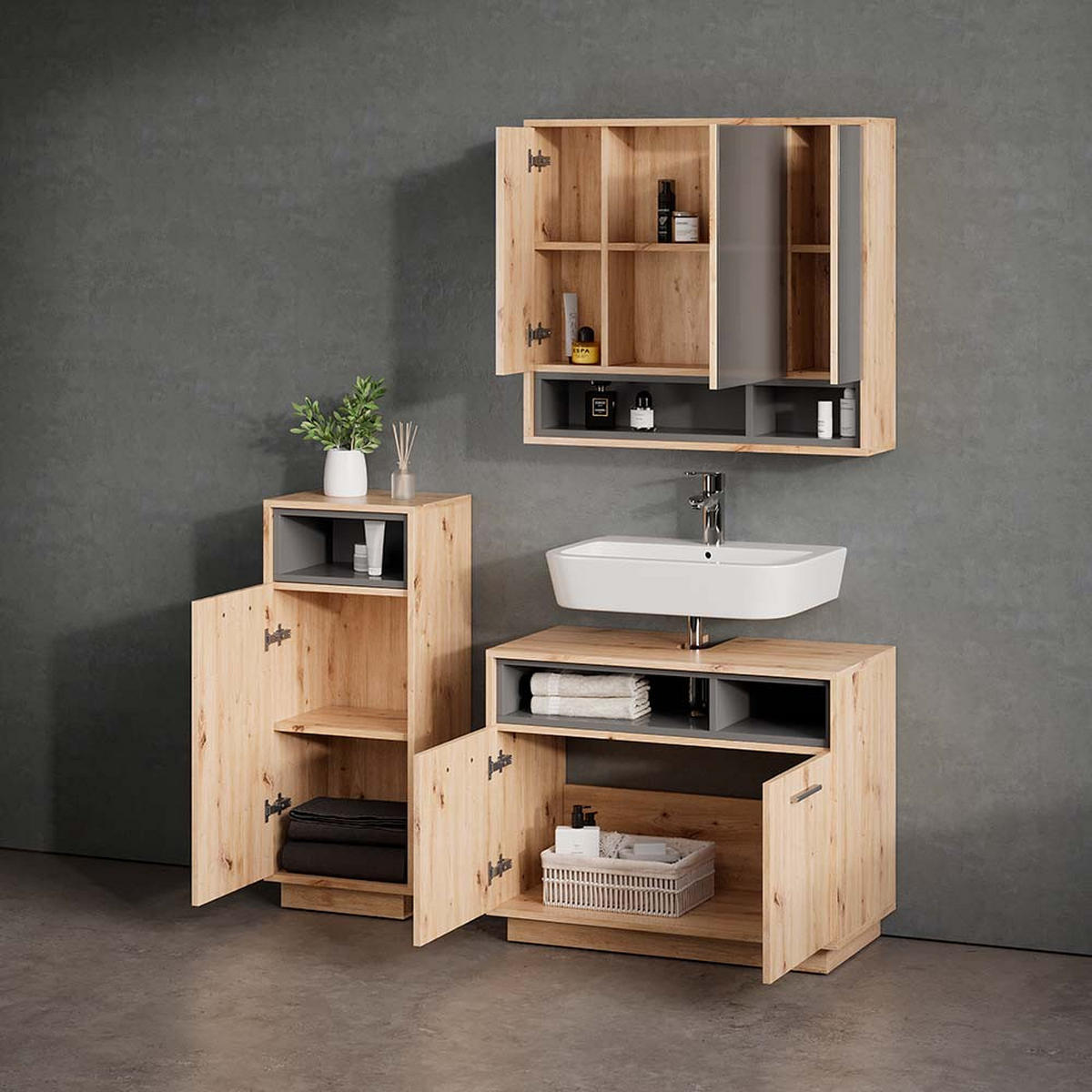BADSPIEGELSCHRANK Temo Artisan Eiche/Anthrazit 80 x 72 cm - Anthrazit/Eiche Artisan, Holzwerkstoff (80/72/20cm) - Livinity®