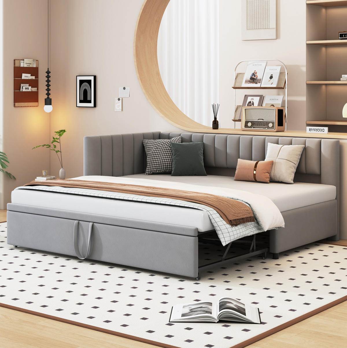 POLSTERBETT 90/200 cm Grau aus Samt mit Ausziehbett - Grau, Textil (90/180cm) - OKMYHOME