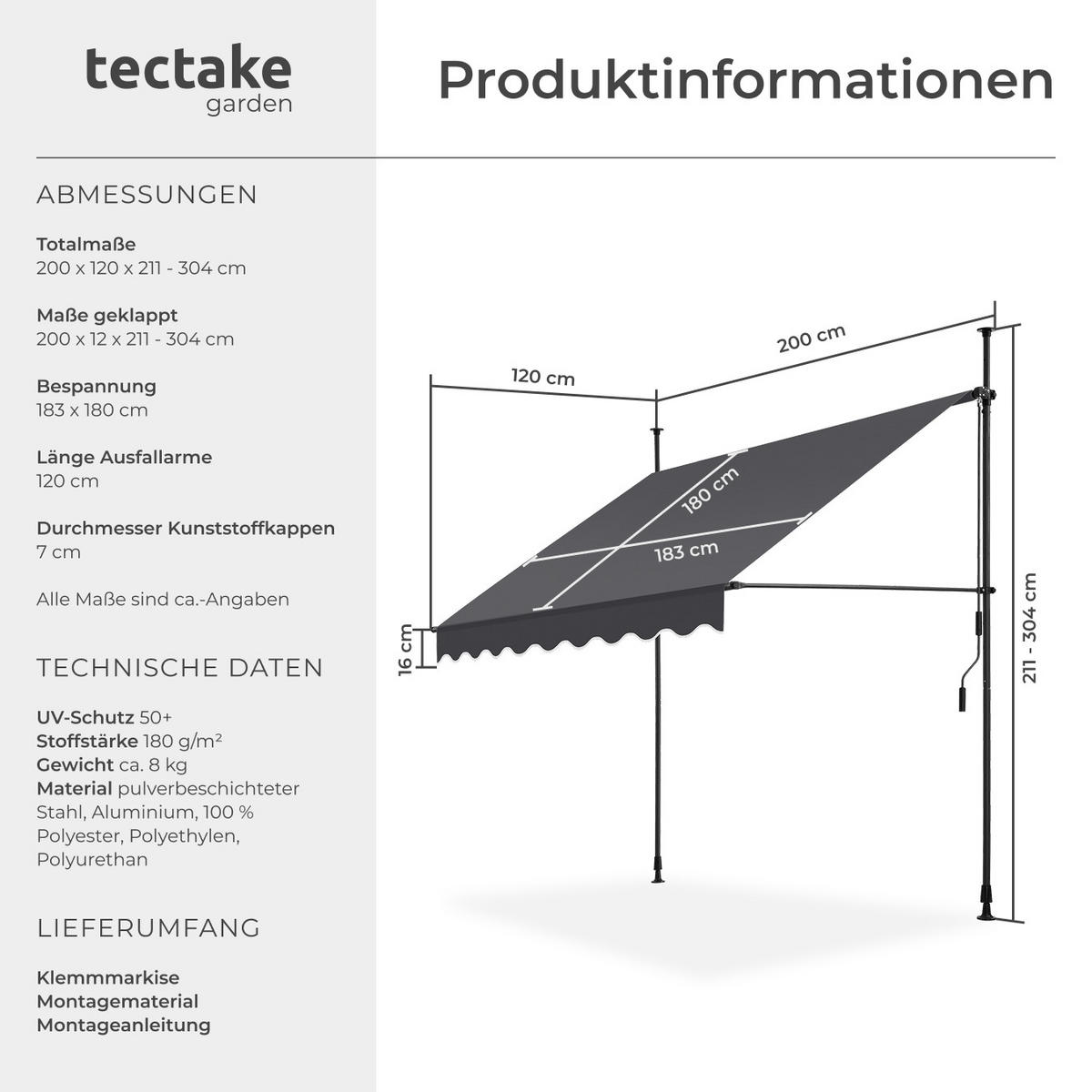 KLEMMMARKISE ,einfache Montage,schwarz/grau - Schwarz/Grau, Kunststoff (200/304/180cm) - tectake