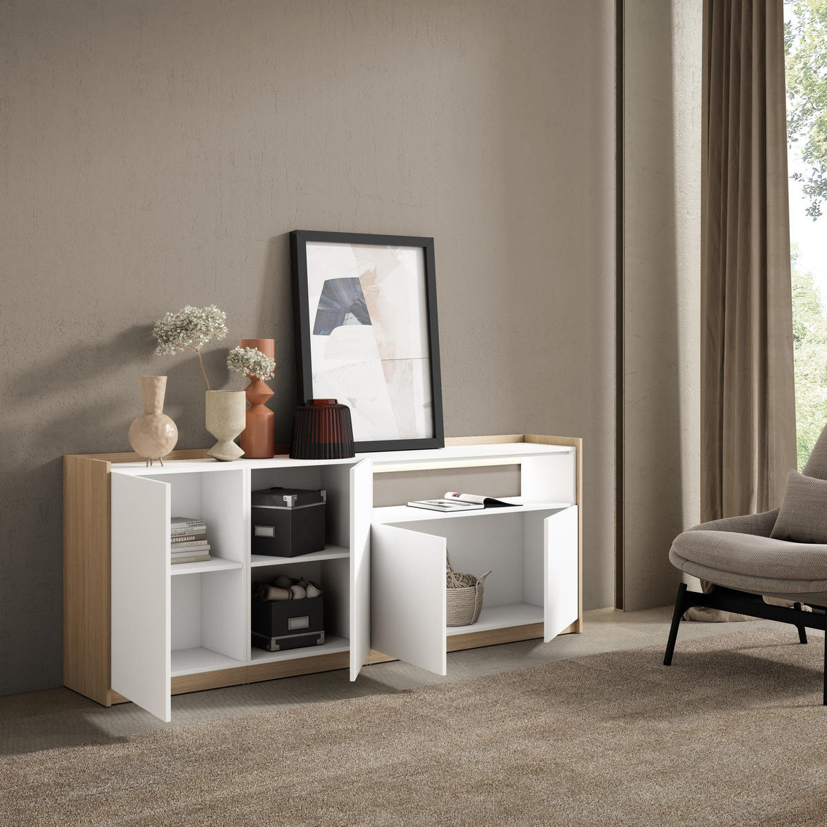 SIDEBOARD, Weiß und Eiche, 207/37/80cm, mit Led - Weiß, Holzwerkstoff (207/80/37cm) - Skraut Home